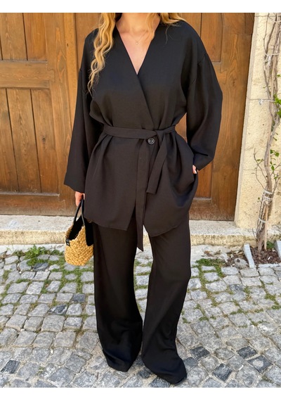 Laluvia Siyah Tek Düğmeli Kuşaklı Kimono Takım - 007