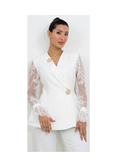 Dorne Moda Geniş Paça Takım Beyaz Beyaz