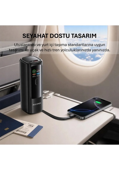 Rocoren 20000mah 100w Powerbank Dijital Ekranlı Hızlı Şarj Dahili Type-c Kablo + Usb-c + Usb-a Macbook, Tablet Ve Telefonlarla Uyumlu Taşınabilir Şarj Cihazı Siyah