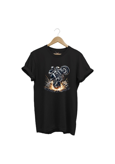 Racing Motosiklet Baskılı Ön Kaldıran Motorcu %100 Pamuk Regular Fit Unisex T-shirt Siyah