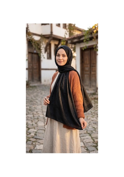 Nukra Jakarlı Pamuk Tesettür Şal Otantik Desen Siyah 70 X 190 Cm