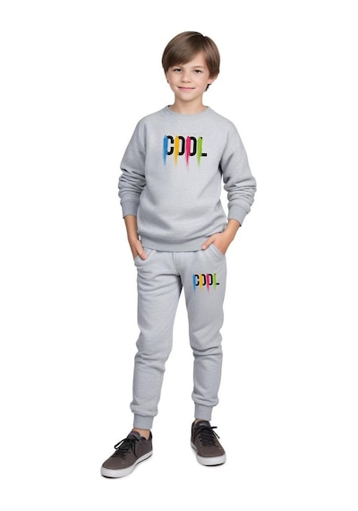 Panios Kids Yuvarlak Yaka Cool Baskılı Erkek Çocuk Eşofman Takımı Gri