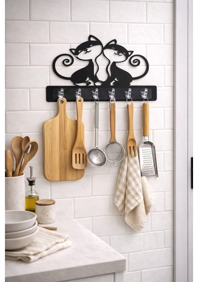 Kedi Figürlü Dekoratif Duvar Askılığı 6 Kancalı Mdf Anahtarlık Ve Askı 39 X 29 Cm Siyah Siyah