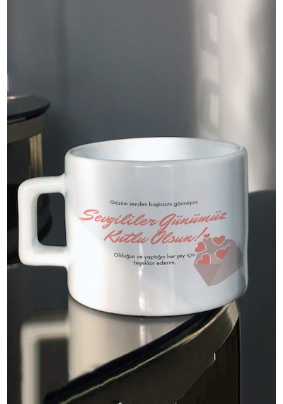 Sevgililer Günümüz Kutlu Olsun Baskılı Espresso Çay Fincanı Beyaz