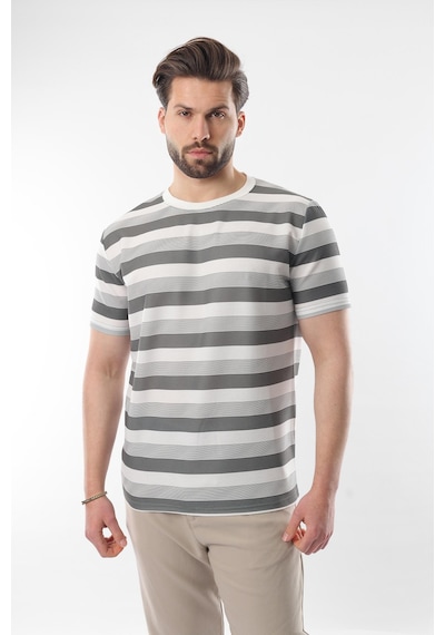 Madmext Haki Bisiklet Yaka Çizgili Erkek T-shirt E7118 Haki