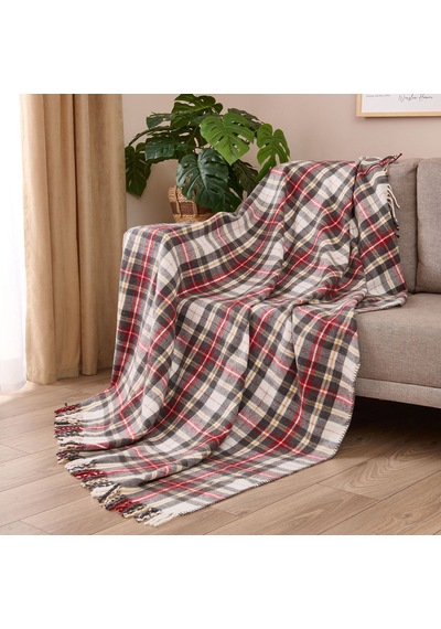Soft Sim İp Detaylı Skoç Koltuk Şalı - Kırmızı - 130x170 Cm Renkli