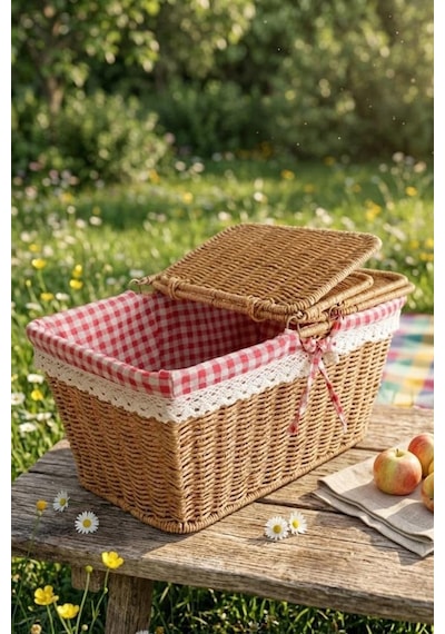 Atbyhome Hasır Piknik Sepeti Dikdörtgen Kapaklı Ve Bezli Rattan Sepet Organizer 39x27x18 Kahverengi