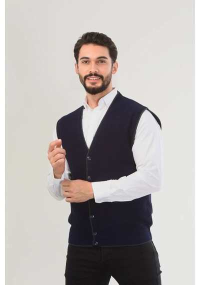 Kamalı Lacivert Erkek V Yaka Triko Düğmeli Cepli Çizgi Desenli Regular Fit Tüylenmeyen Örgü Yelek Lacivert