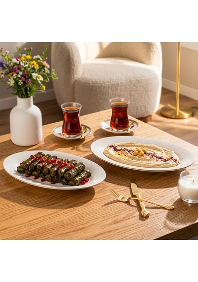 Porsima 4440 Gardenya Porselen Altın Fileli Kayık Tabak Seti - Oval Kahvaltılık Sunumluk Seti 30cm Beyaz