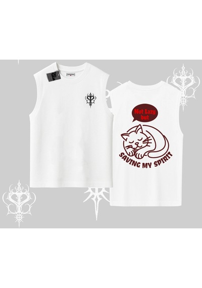 Tarzsokak Not Lazy Saving My Spirit Kedi Baskılı Kolsuz Tshirt Beyaz