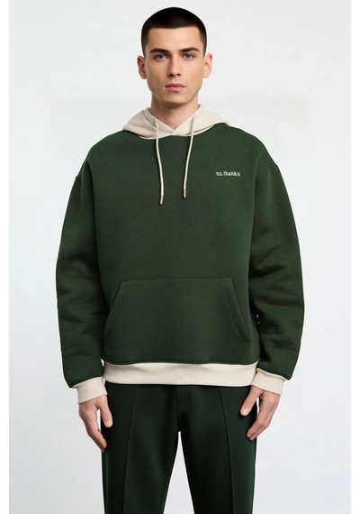 Benerly Erkek Kapüşonlu Düşük Kol Uzun Kol Nakışlı Sweatshirt Fonksiyonel Haki