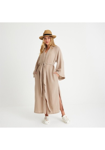 Miespiga Pamuklu Dokuma Beli Kuşaklı Maxi Kadın Kimono Kaftan - Small Medium Bej