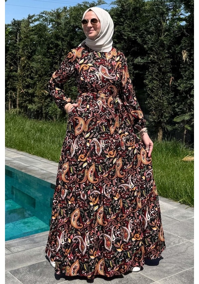 Rabia Şamlı Şal Desenli Elbise Siyah Normal