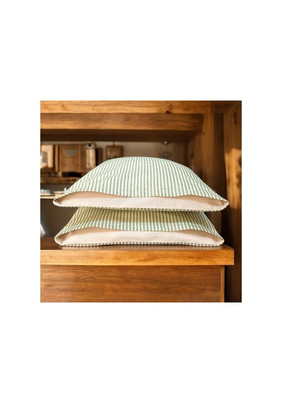 %100 Pamuk İpliği Boyalı Çizgili Tek Kişilik Yastık Kılıfı 2'li Set - 50x70 Cm Naturel Cep Detaylı Yeşil