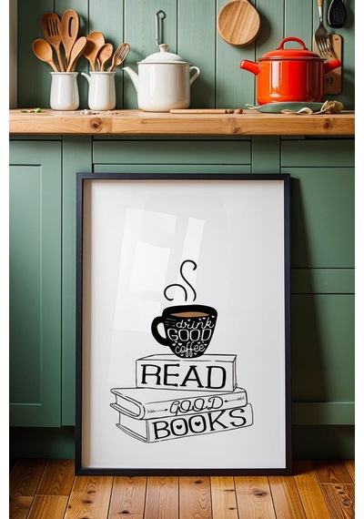 Retro Coffee And Books Tasarım Çerçeveli Tablo - Sanatsal Mutfak Ve Çalışma Odası Duvar Dekoru Siyah