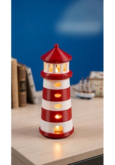 Dekoratif Tasarım Deniz Feneri Tealight - Kırmızı Beyaz Çok Renkli