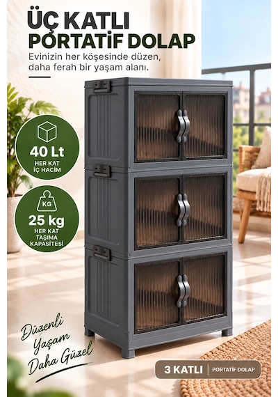 3 Katlı Portatif Organizer Dolap 120 Lt Gri