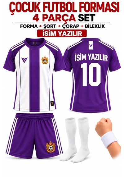Yenteks İsim Yazılır Çocuk Futbol Forması Mor Beyaz Özel Tasarım 4 Parça Forma+şort+çorap+bileklik Mor - Beyaz