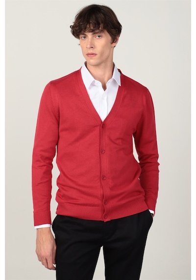 Tudors Slim Fit Dar Kesim Düğmeli Düz Pamuk Erkek Hırka-24131 Kırmızı