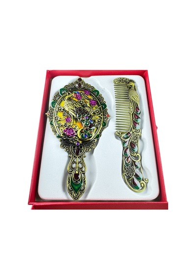 Tavus Kuşu Desenli Vintage Ayna Tarak Seti Özel Tasarım Ve Özel Kutulu 13,5 Cm & 13 Cm Altın