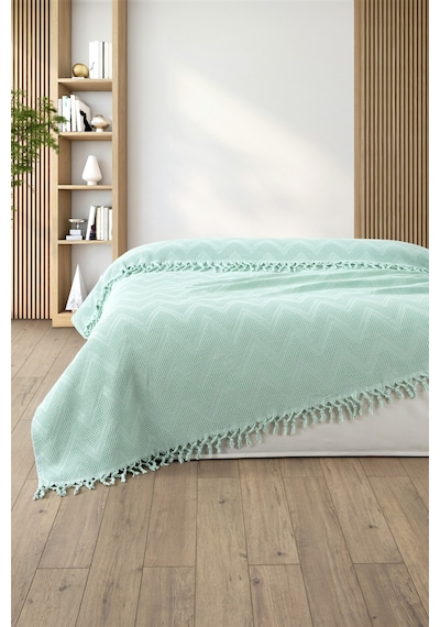 %100 Pamuk Çift Kişilik Bağlama Saçaklı Pike-220x240 Cm-mint Mınt Mint
