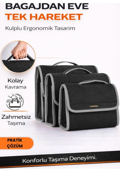 Oto Bagaj Organizer Bagaj Çantası 3'lü Kombo Kaymaz Cırt Bantlı Velur Kompakt - Siyah Gri