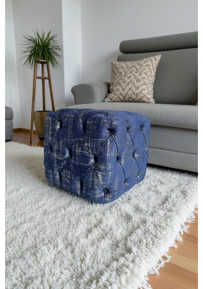 Küp Puf - Best İthal Kadife Babyface Kumaş Varak Baskı - Modern Ve Şık Dekoratif Puf&bench Lacivert