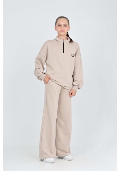 Toontoy Kids Toontoy Kız Çocuk 2'li Takım Dik Yaka Yarım Fermuarlı Nakışlı Sweatshirt & Beli Lastikli Bol Paça Cepli Eşofman Altı Bej