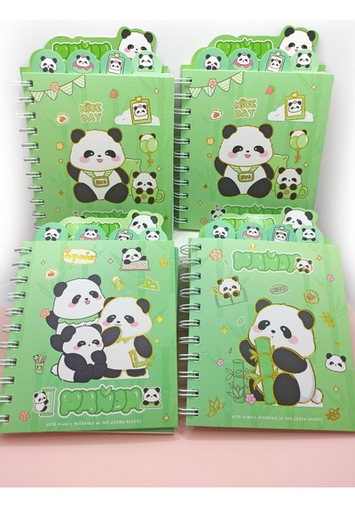 Sevimli Panda Ayraçlı A5 Not Defteri 14x18 Cm - Panda Ailesi Yeşil