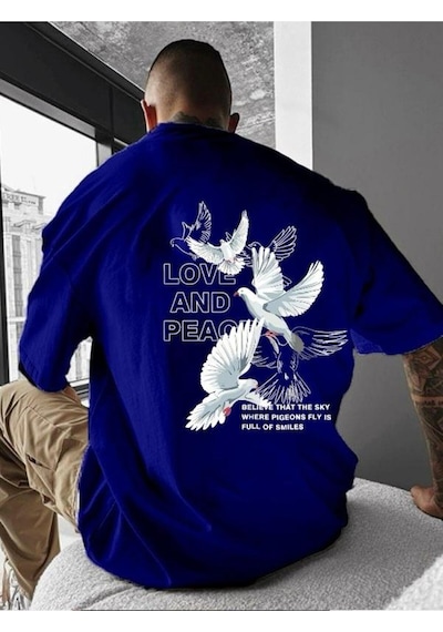Love And Peace Baskılı Oversize Tişört Saks Mavisi
