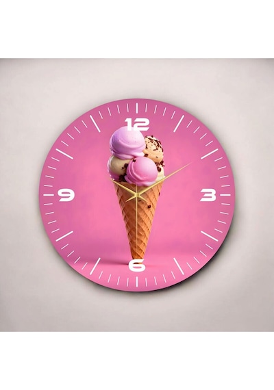 Pembe Renkli Baskı Dondurma Desenli Sayılı Hediyelik Ahşap Sessiz Duvar Saati 50cm ÇOk Renkli