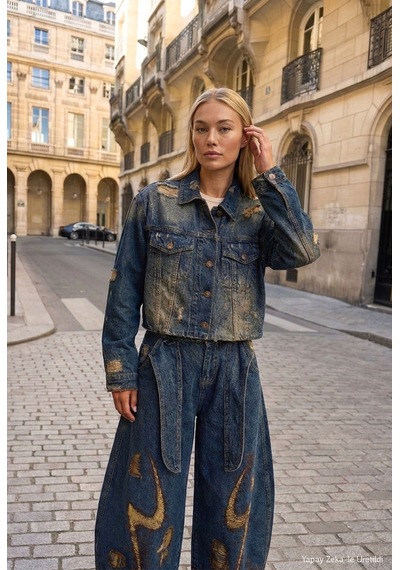 Kadın Kot Rengi 10w6-8 Kemer Boy Oversize Özel Tasarım Denim Ceket