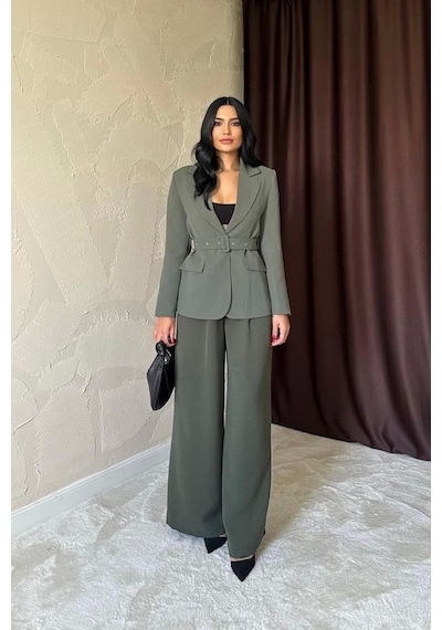 Haki Cep Kapaklı Ve Kemerli Ceket Haki
