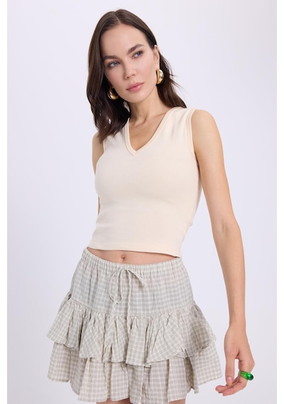 Tudors Kadın Slim Fit Dar Kesim V Yaka Sıfır Kol Pamuklu Ribanalı Bej Bluz-38840 Bej