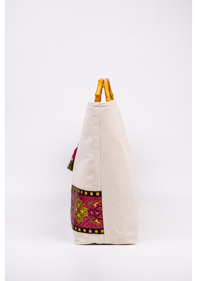 Fabric Craft Bag El Çantası Kanvas Etnik Dokuma Bordürlü Beyaz