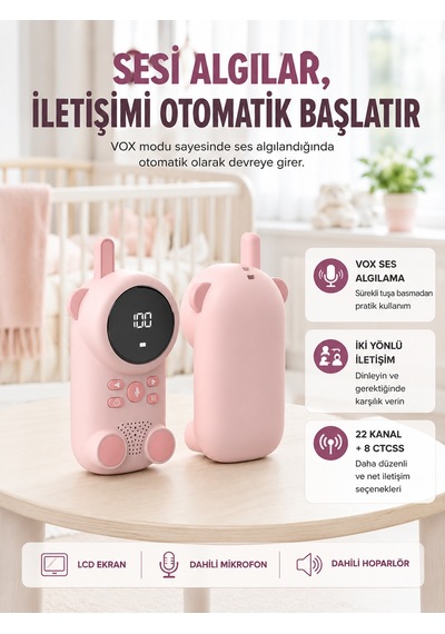 Uzun Menzilli Bebek Telsizi 1-3 Km Çekim 22 Kanal Lcd Ekran Vox Şarjlı - Lisinya Pembe