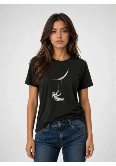 Defymoda Astronot Ay Temalı Tişört Kısa Kol Yazlık Bisiklet Yaka T-shirt - Siyah