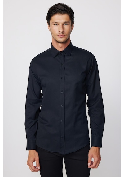 Tudors Modern Slim Fit Uzun Kollu Pamuklu Kolay Ütü Armürlü Siyah Erkek Gömlek-28350 Siyah