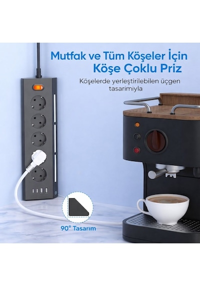 5 Li Köşe Priz 2 Usb-a 2 Usb-c Girişli 2 Metre Kablolu Gece Işıklı Akım Korumalı Masaüstü Çoklu Priz 3680w 1 - 3 M