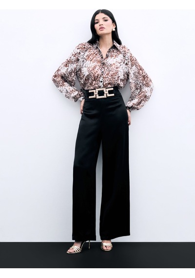 Sateen Bel Kemerli Saten Krep Pantolon - Siyah-135970 Siyah