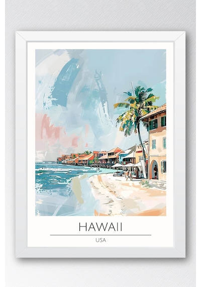 Abd Hawaii Temalı Çerçeveli Tablo Travel Serisi Modern İllüstrasyon Tropikal Duvar Dekoru Beyaz