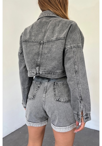 Koyu Antrasit Çift Cepli Fermuarlı Yıkamalı Crop Denim Ceket Bcdf-235410 Çok Renkli