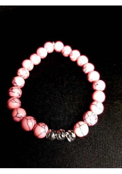 Pembe Turkuaz Taşı Ve Metal Boncuk Detaylı El Yapımı Bileklik Açık Pembe