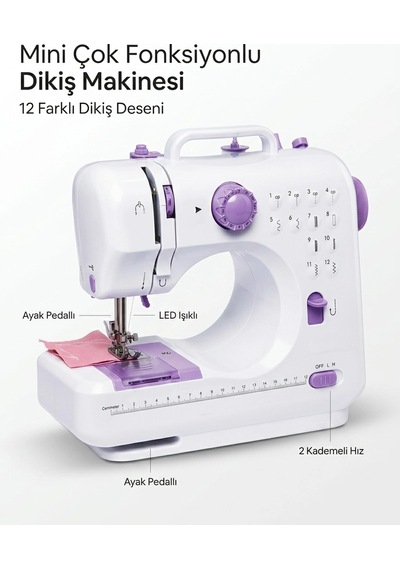 Çok Fonksiyonlu Mini Dikiş Makinesi 12 Dikiş Seçenekli 2 Kademeli Hız Ayarlı Standart