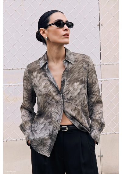 Sateen Çizgili Çiçek Desenli Gömlek - Kahve-137905