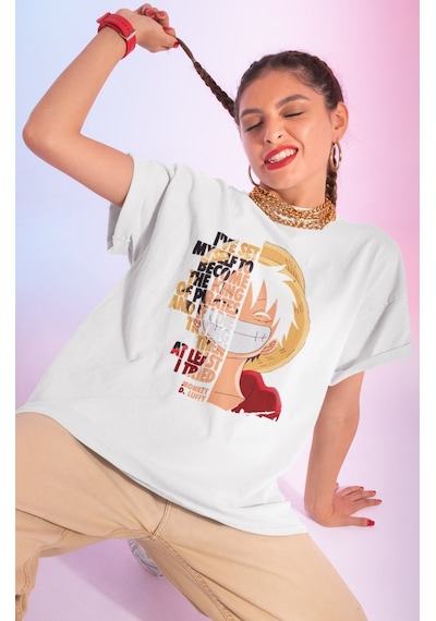 Sevbano Tasarım Monkey D. Luffy Baskılı Unisex Oversize Anime Dizi Karakt Beyaz