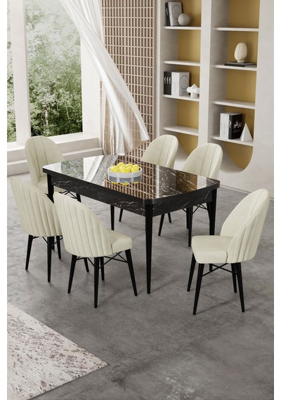 Canisa Gale Serisi 80x132 Açılabilir Lak Panel Siyah Mermer Desen Mutfak Masa Takımı 6 Krem Sandalye Masa Siyah Mermer Desen Sandalye Krem Canisa Gale Serisi 80x132 Açılabilir Lak Panel Siyah Mermer Desen Mutfak Masa Takımı 6 Krem Sandalye Masa Siyah Mermer Desen Sandalye Krem