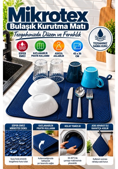 Lacivert Bez Mikrotex Bulaşık Kurutma Matı 45x36 Cm Süper Emici Katlanabilir Tezgah Üstü Kurutma Mat