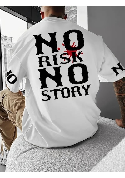 Wear Vexel Erkek T-shirt No Risk No Story Baskılı Bisiklet Yaka Tişört - Beyaz Çok Renkli