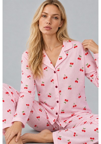 Fit Women Kadın Kiraz Desenli Pötikare Pembe Pijama Takımı 4793